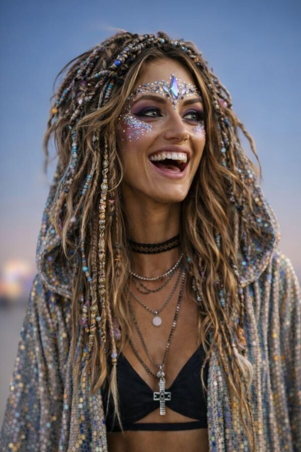 ZEVQ's custom holographic sequin duster, a shimmering festival kimono, worn at a vibrant event.