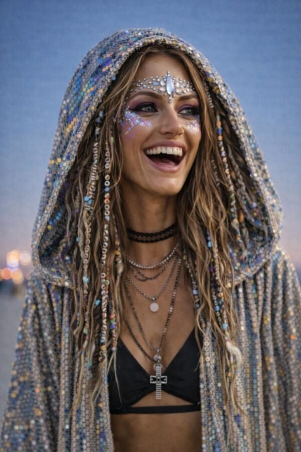 ZEVQ's custom holographic sequin duster, a shimmering festival kimono, worn at a vibrant event.