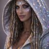 Model wearing a custom holographic silver festival duster kimono at a festival, showcasing its reflective, light-shifting properties.