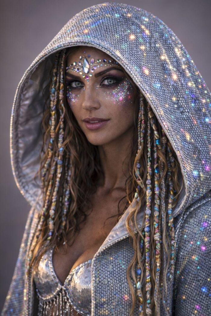 Model wearing a custom holographic silver festival duster kimono at a festival, showcasing its reflective, light-shifting properties.