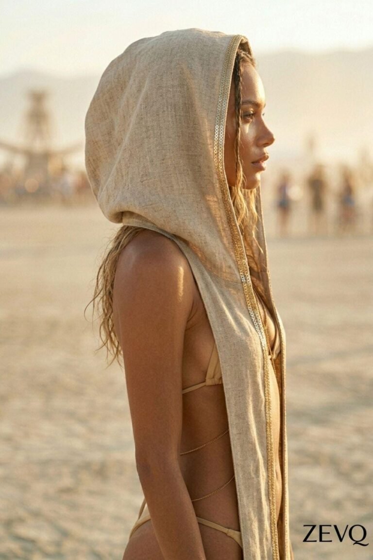 Premium Linen Boho Hood Wrap with gold trim, styled for a desert festival like Burning Man.