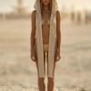 Premium Linen Boho Hood Wrap with gold trim, styled for a desert festival like Burning Man.