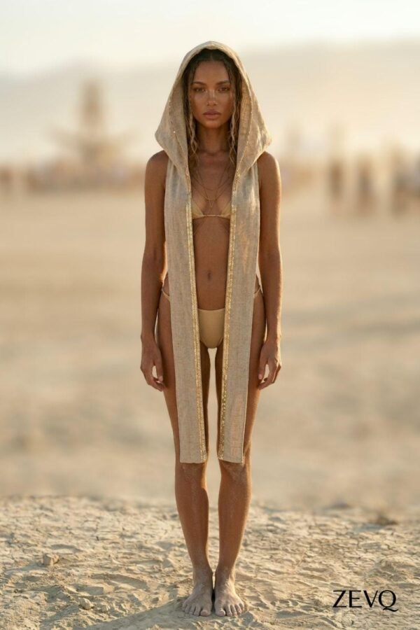 Premium Linen Boho Hood Wrap with gold trim, styled for a desert festival like Burning Man.