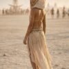 Premium Linen Boho Hood Wrap with gold trim, styled for a desert festival like Burning Man.