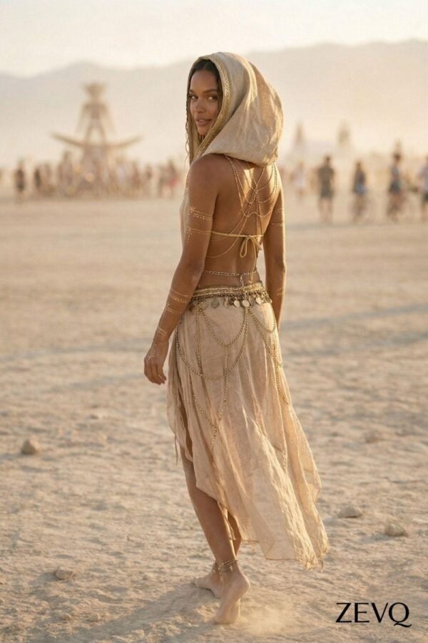 Premium Linen Boho Hood Wrap with gold trim, styled for a desert festival like Burning Man.
