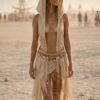 Premium Linen Boho Hood Wrap with gold trim, styled for a desert festival like Burning Man.