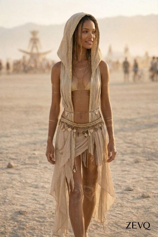 Premium Linen Boho Hood Wrap with gold trim, styled for a desert festival like Burning Man.