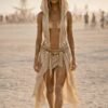Premium Linen Boho Hood Wrap with gold trim, styled for a desert festival like Burning Man.