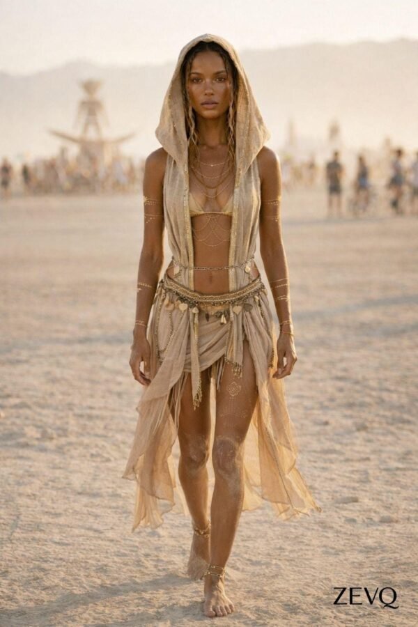 Premium Linen Boho Hood Wrap with gold trim, styled for a desert festival like Burning Man.