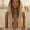 Premium Linen Boho Hood Wrap with gold trim, styled for a desert festival like Burning Man.