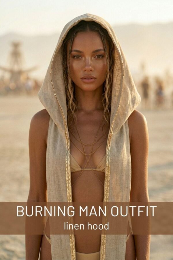 Premium Linen Boho Hood Wrap with gold trim, styled for a desert festival like Burning Man.