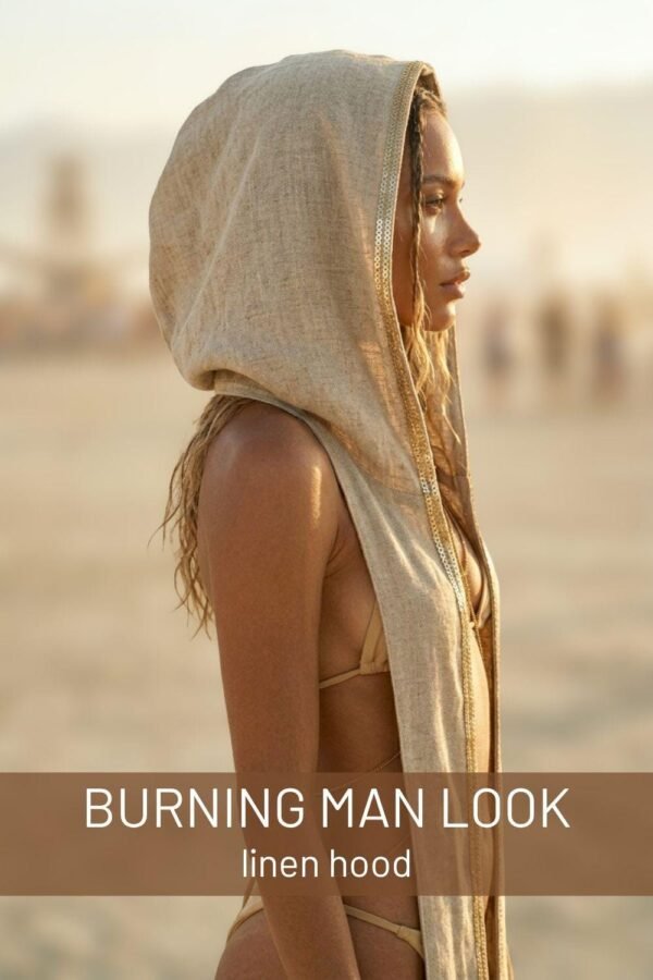 Premium Linen Boho Hood Wrap with gold trim, styled for a desert festival like Burning Man.