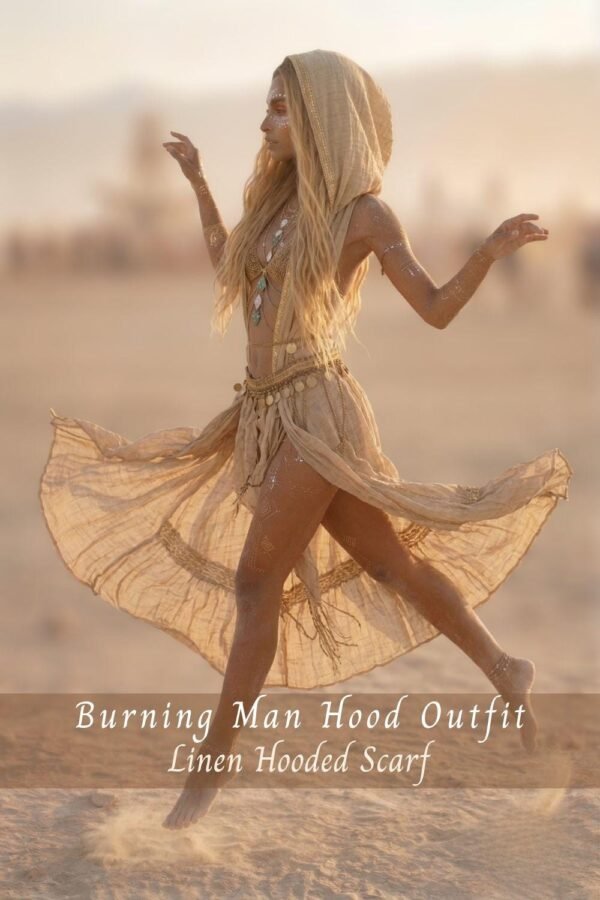 Premium Linen Boho Hood Wrap with gold trim, styled for a desert festival like Burning Man.