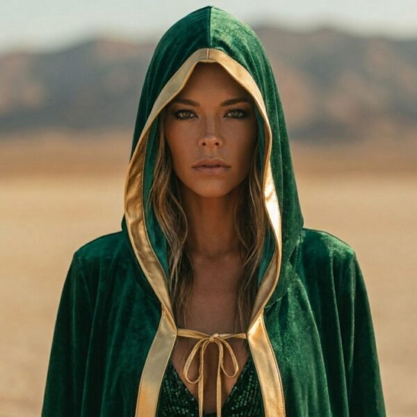 Emerald green velvet hooded kaftan with gold sequin trim, a luxury festival cape for Burning Man and photoshoots.