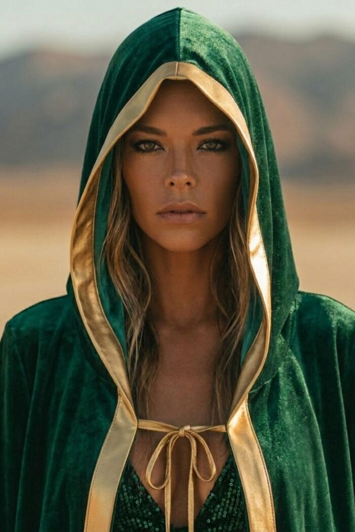 Emerald green velvet hooded kaftan with gold sequin trim, a luxury festival cape for Burning Man and photoshoots.