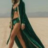 Emerald green velvet hooded kaftan with gold sequin trim, a luxury festival cape for Burning Man and photoshoots.