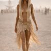 Premium Linen Boho Hood Wrap with gold trim, styled for a desert festival like Burning Man.