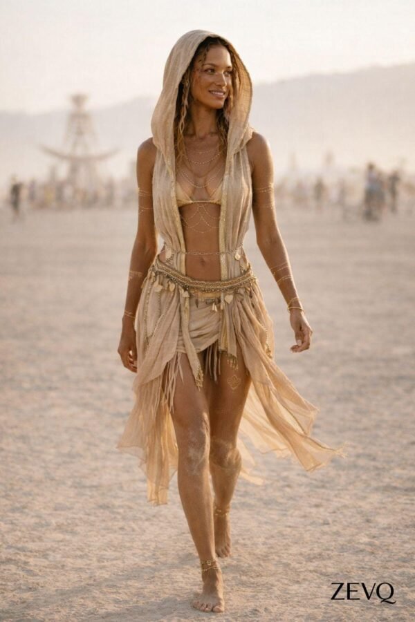 Premium Linen Boho Hood Wrap with gold trim, styled for a desert festival like Burning Man.