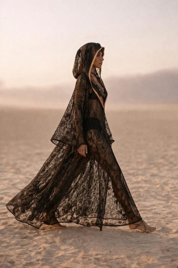 ZEVQ premium black lace hooded kaftan, a sheer festival kimono with gold trim, worn at a desert festival.