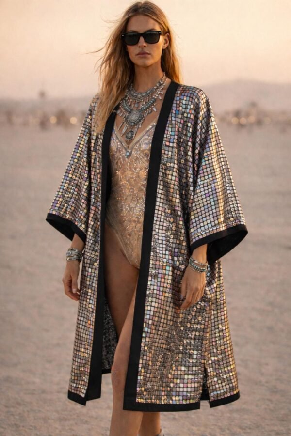 ZEVQ Silver Mirror Tile Kimono Duster, a metallic festival robe with satin trim, worn at a desert rave.