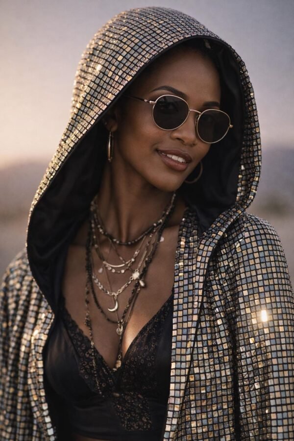 Custom Metallic Mirror Duster Coat in silver with black silk satin lining, worn at a festival