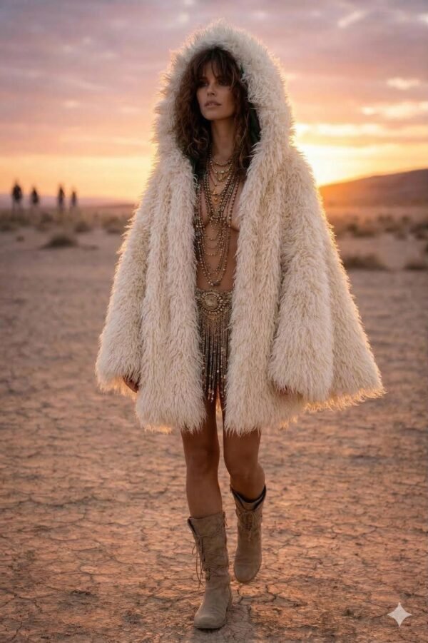 ZEVQ premium faux fur hooded festival duster coat with emerald satin lining, worn at a festival.