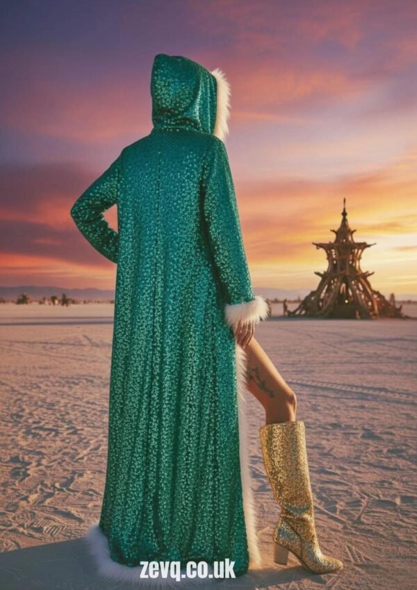 ZEVQ premium emerald sequin festival cloak with dramatic white faux fur trim, worn at a festival.