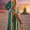 ZEVQ premium emerald sequin festival cloak with dramatic white faux fur trim, worn at a festival.