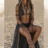 ZEVQ premium black hooded maxi vest for Burning Man and festival fashion, worn as a dramatic linen duster.