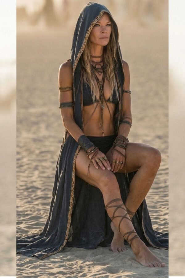 ZEVQ premium black hooded maxi vest for Burning Man and festival fashion, worn as a dramatic linen duster.