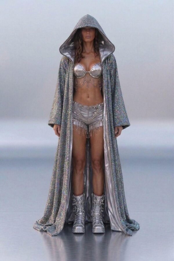 Model wearing a custom holographic silver festival duster kimono at a festival, showcasing its reflective, light-shifting properties.