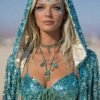 Luxury Turquoise Sequin Hooded Kaftan, a shimmering festival robe with satin lining.