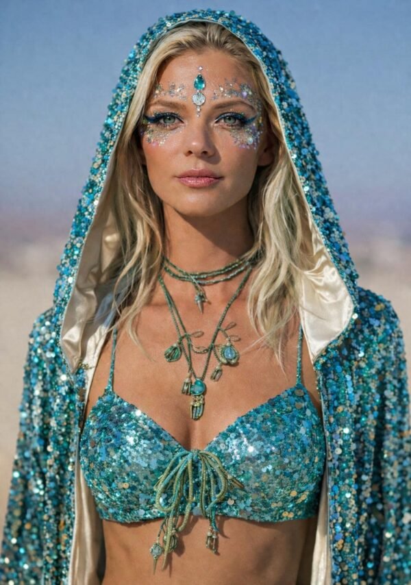 Luxury Turquoise Sequin Hooded Kaftan, a shimmering festival robe with satin lining.