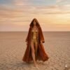 Burnt Orange Velvet Hooded Festival Kaftan with gold trim, flowing maxi duster for desert festivals