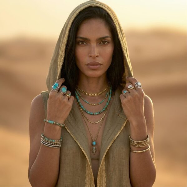 ZEVQ premium khaki linen hooded vest, a maxi festival duster with gold trim, modeled at a desert festival.