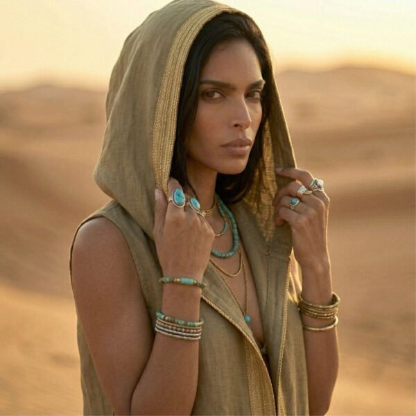 ZEVQ premium khaki linen hooded vest, a maxi festival duster with gold trim, modeled at a desert festival.