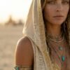 ZEVQ premium hooded linen maxi vest in ecru, a boho festival duster for Burning Man outfits