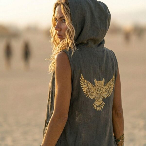 ZEVQ Owl Oracle Black Linen Hooded Duster worn at a festival, showcasing the shamanic back print and flowing silhouette.