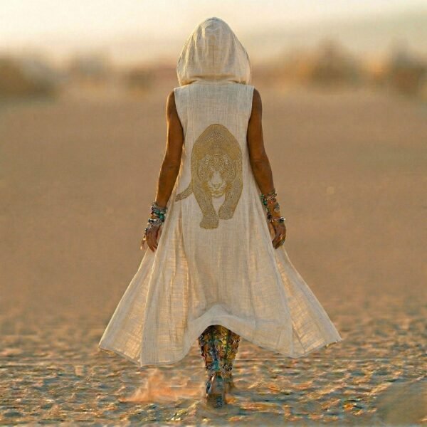ZEVQ premium ecru linen hooded maxi vest with striking panther print, a bold festival duster.