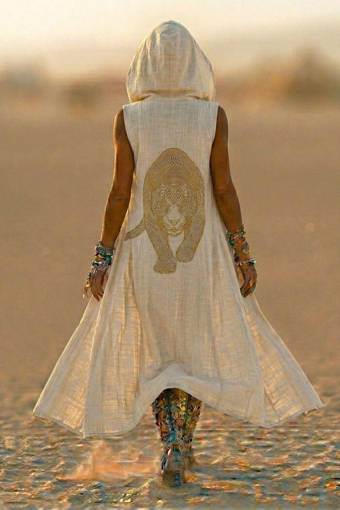 ZEVQ premium ecru linen hooded maxi vest with striking panther print, a bold festival duster.