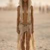 Premium Linen Boho Hood Wrap with gold trim, styled for a desert festival like Burning Man.
