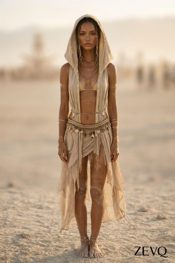 Premium Linen Boho Hood Wrap with gold trim, styled for a desert festival like Burning Man.