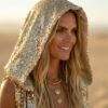 Model wearing the premium Gold Sequin Hooded Maxi Vest, a festival statement duster, at sunset.