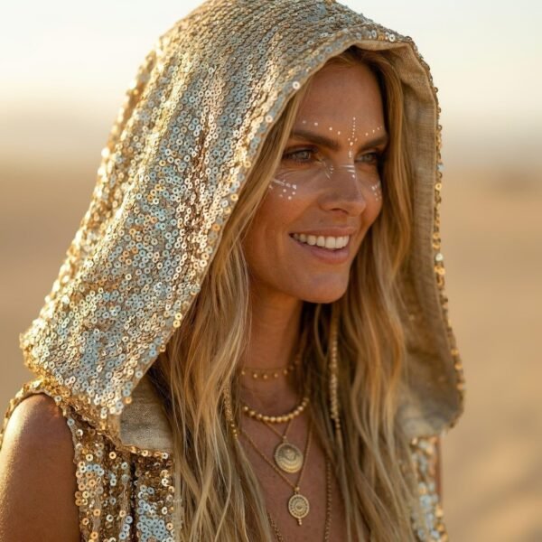 Model wearing the premium Gold Sequin Hooded Maxi Vest, a festival statement duster, at sunset.