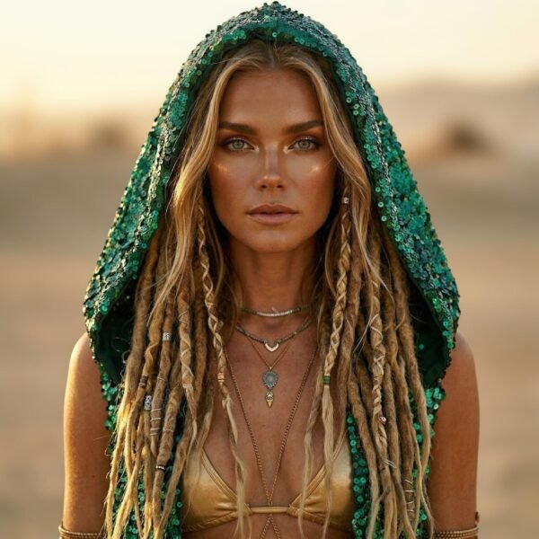 ZEVQ Emerald Green Sequin Hooded Maxi Vest, a premium festival duster worn at a desert rave.