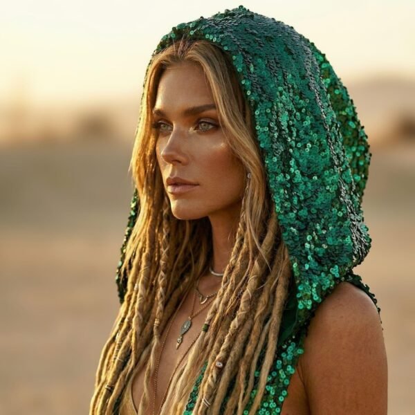 ZEVQ Emerald Green Sequin Hooded Maxi Vest, a premium festival duster worn at a desert rave.