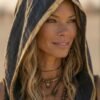 ZEVQ premium black hooded maxi vest for Burning Man and festival fashion, worn as a dramatic linen duster.