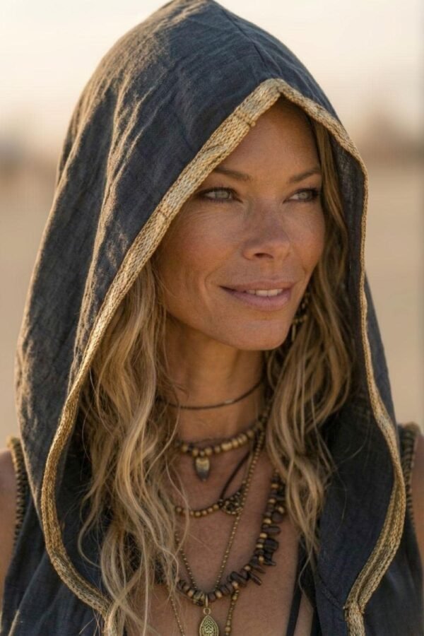 ZEVQ premium black hooded maxi vest for Burning Man and festival fashion, worn as a dramatic linen duster.