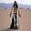 ZEVQ premium metallic silver hooded maxi vest worn at a futuristic festival