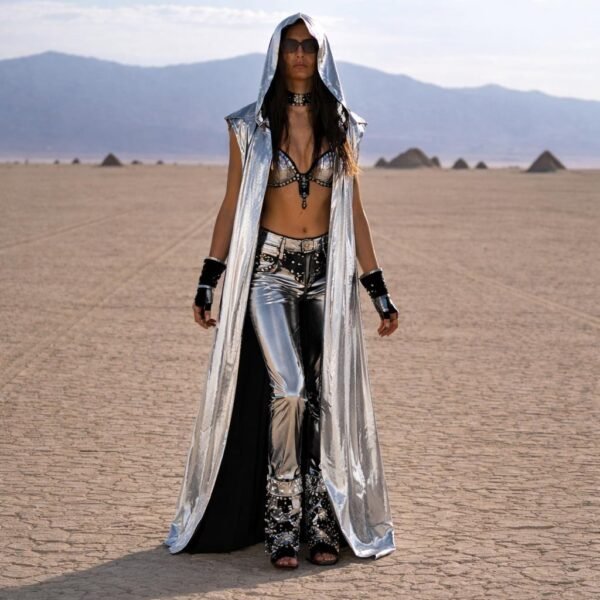 ZEVQ premium metallic silver hooded maxi vest worn at a futuristic festival